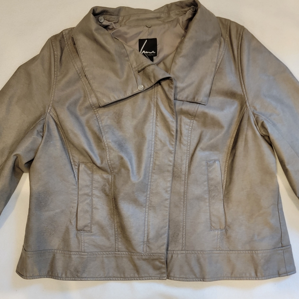 Beige 18/20 faux leather zip up blazer. Lane Bryant